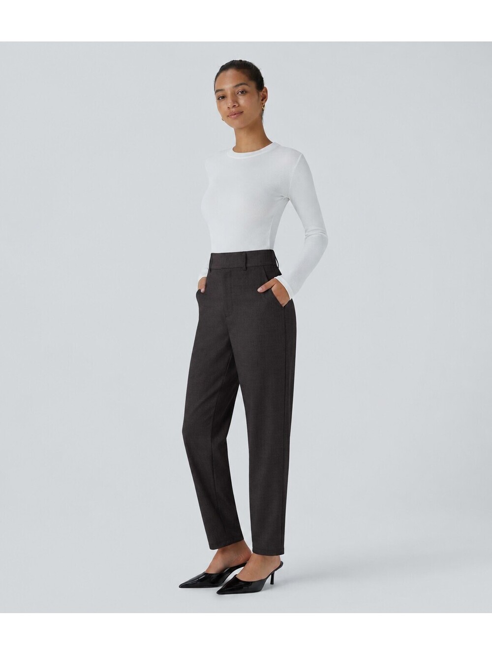 Halara Flex High Waisted Pocket Solid Work Pants Charcoal Pinstripe Size Medium - Picture 8 of 8